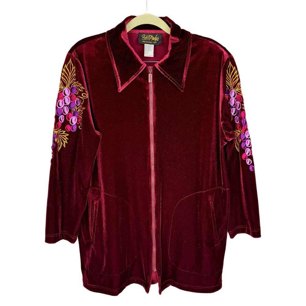 Vtg Bob Mackie Wine Red Velvet Embroidered Gape Long Sleeve Zip Top Sz Small
